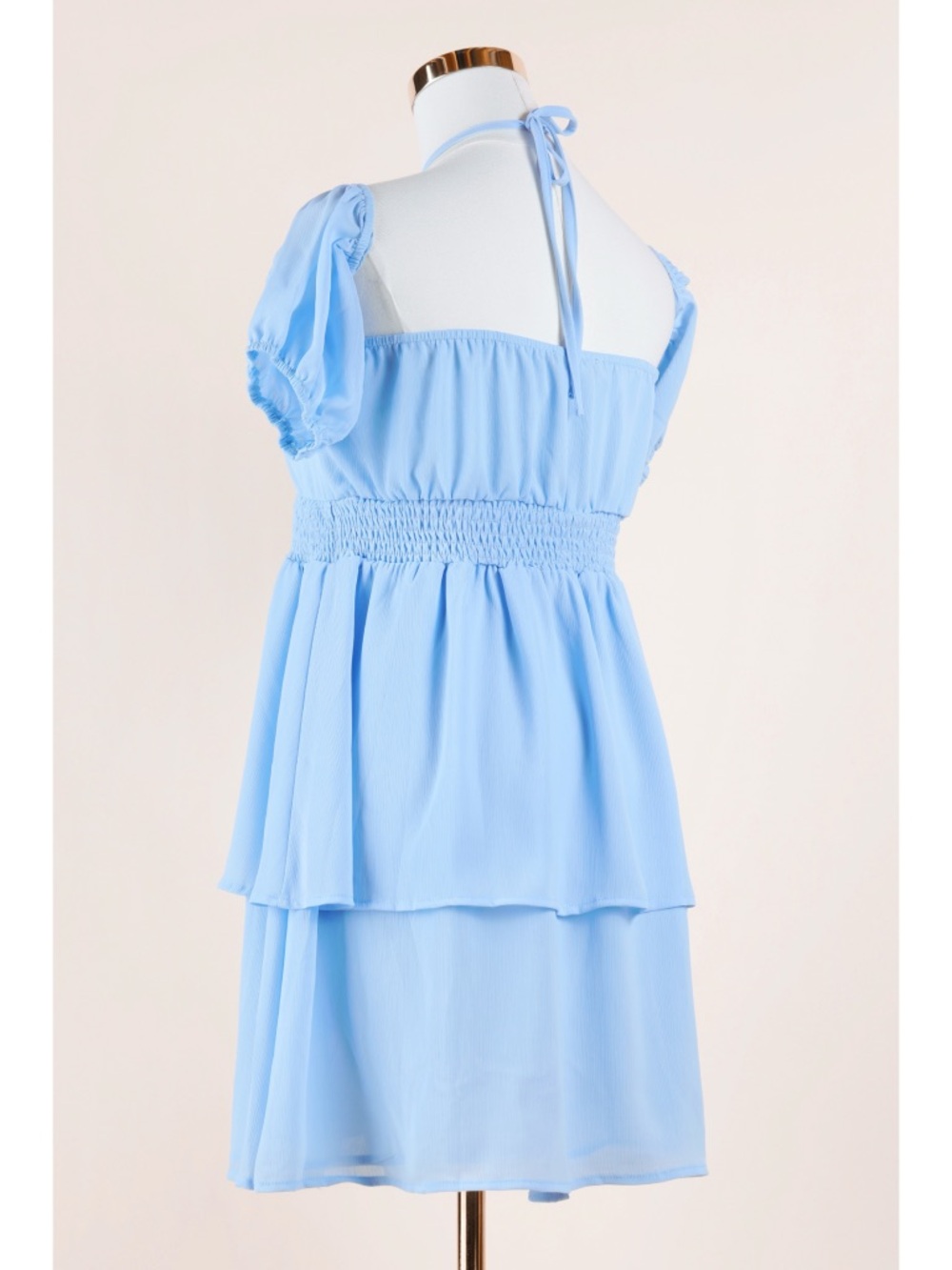 Sz L Promesa Powder Blue Breezy Halter Off-Shoulder Ruched Tiered Mini Dress NWT - Picture 4 of 5